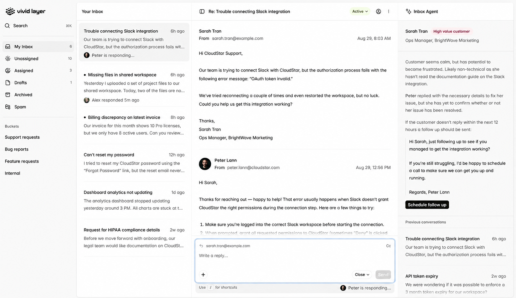 Vivid Layer light-mode support dashboard with a shared inbox, customer conversation, and assistant panel